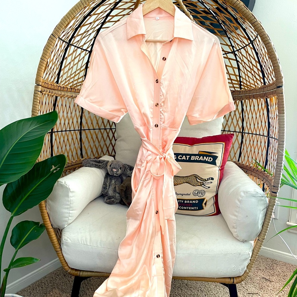 Peach Ruched-Waist Shirt Dress